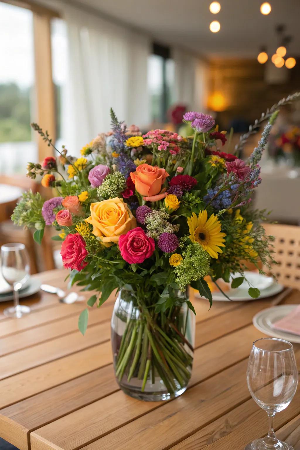 A striking floral composition serves as a party centerpiece.