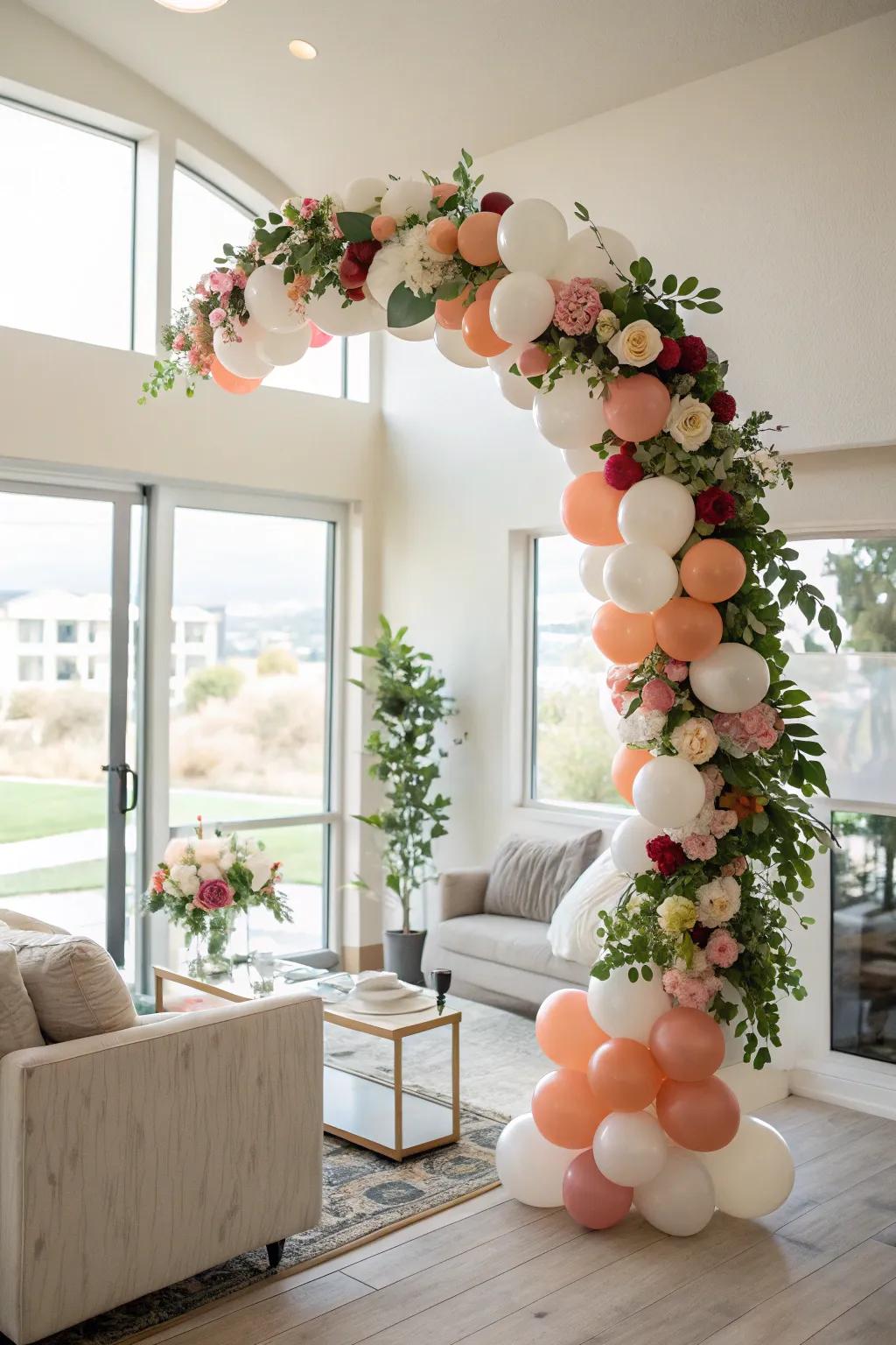 A floral balloon arch creates a magnificent entrance.