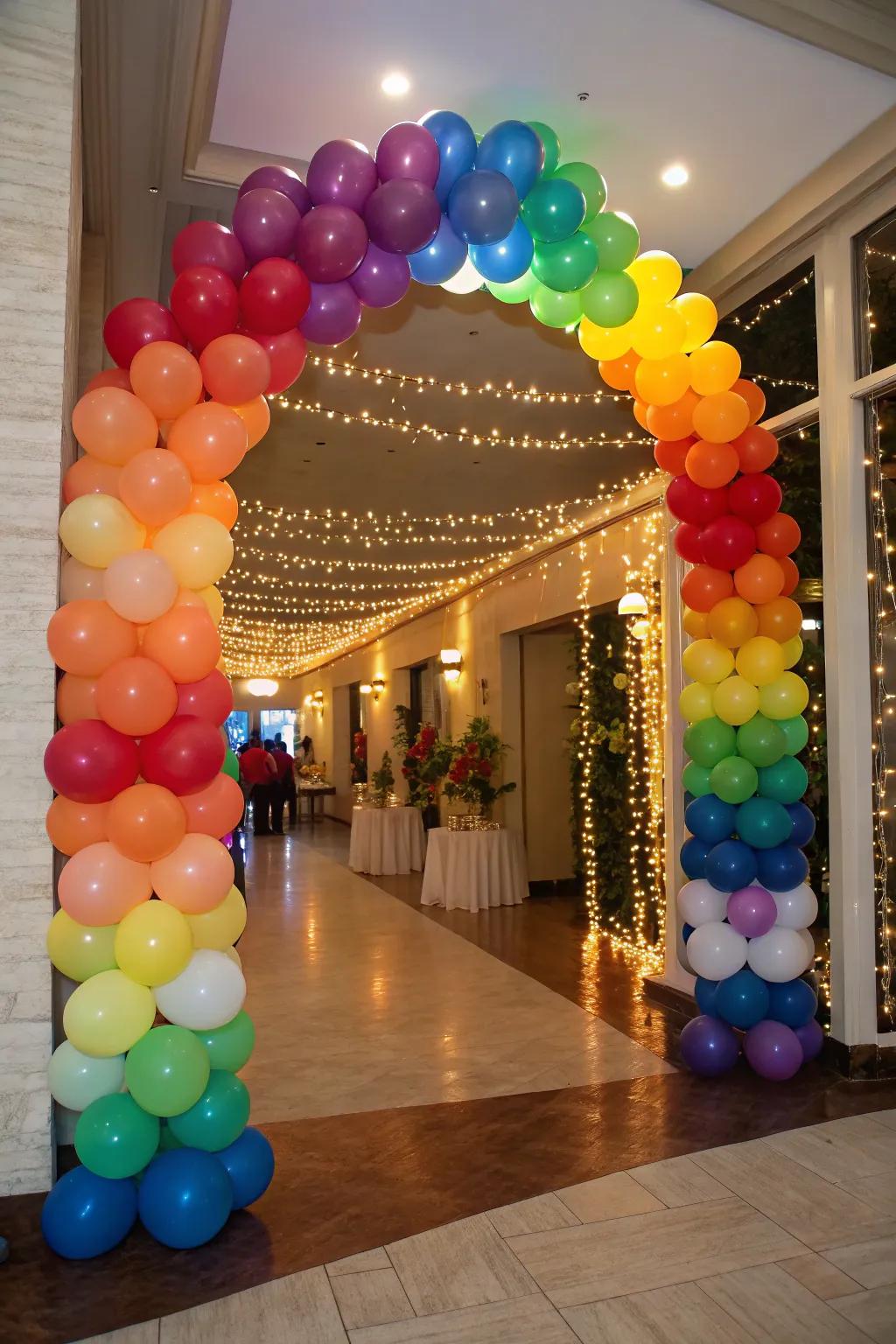 A festive balloon arch introduces a splash of color and excitement to any party entrance.