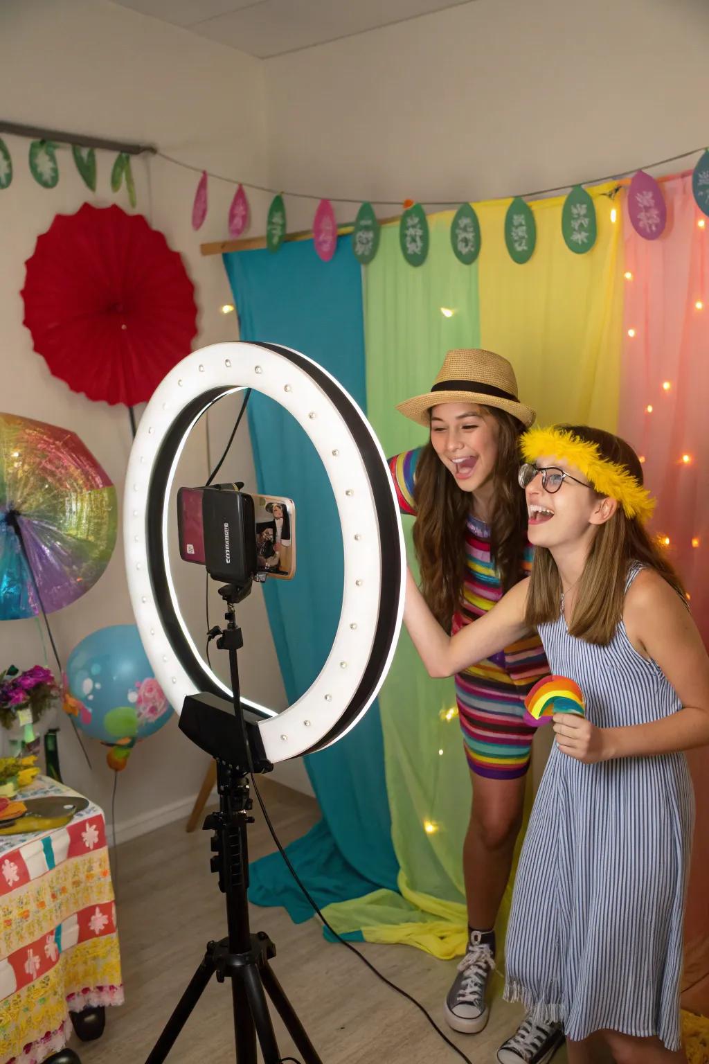 Teens enjoying a personalized photo booth with playful accessories and a dynamic backdrop.