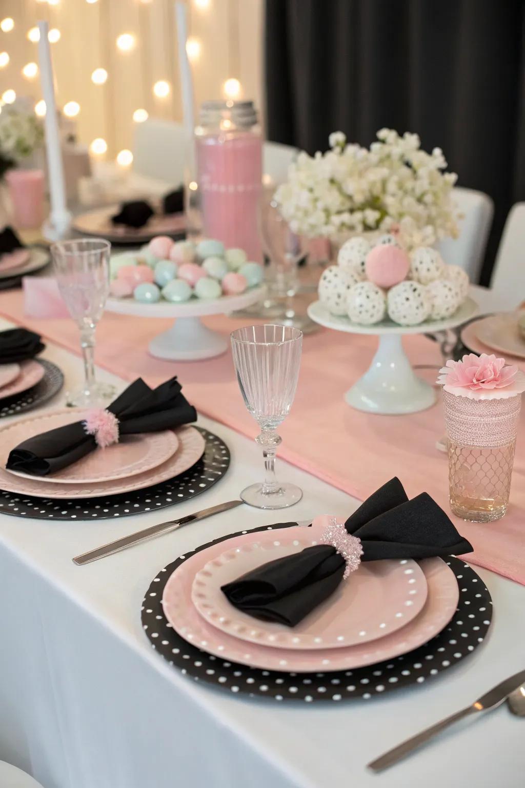 A party table styled with a striking black and white theme, elevated with soft pastel accents