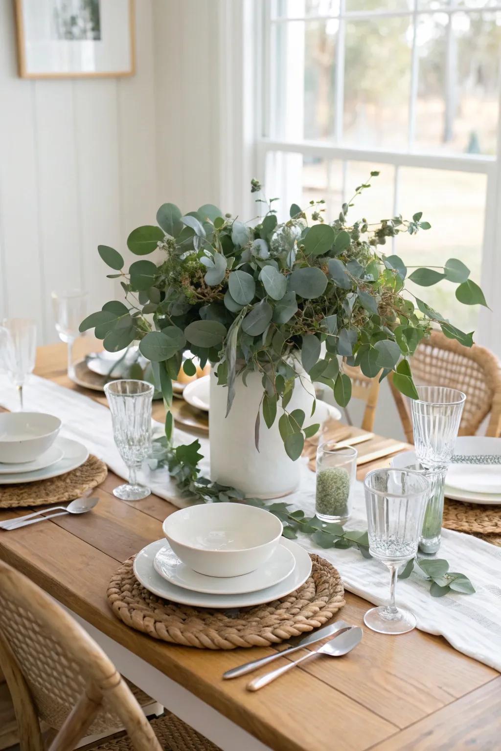 A nature-inspired centerpiece showcasing eucalyptus leaves for a refreshing vibe.