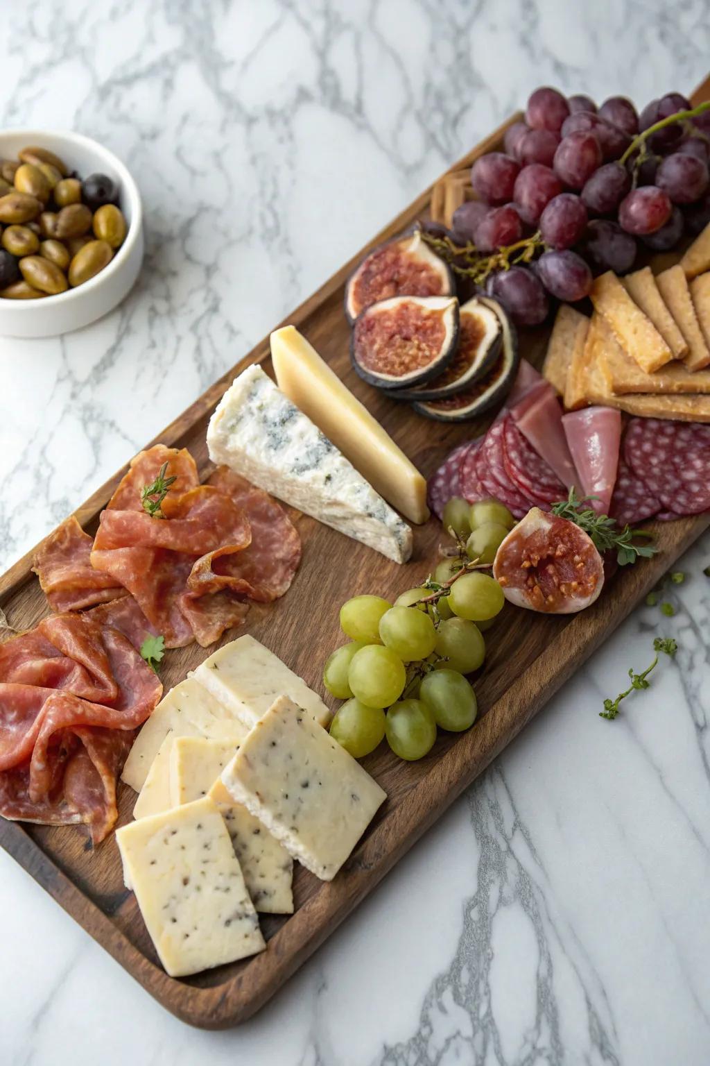 A classic cheese and charcuterie board overflowing with gourmet delights.