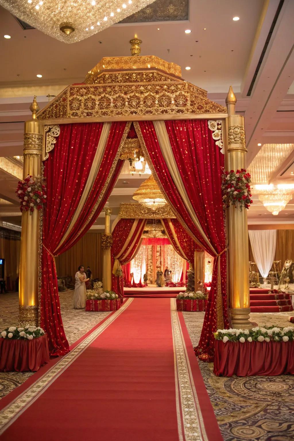 A rice-feeding ceremony showcasing a vibrant scarlet and gold color palette.