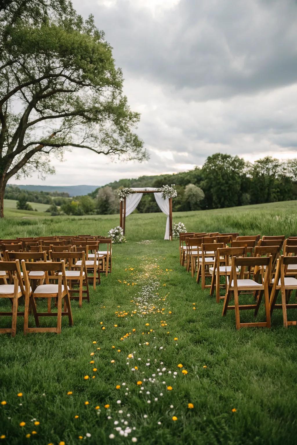 Timber seats placed on a rich pasture for the event.