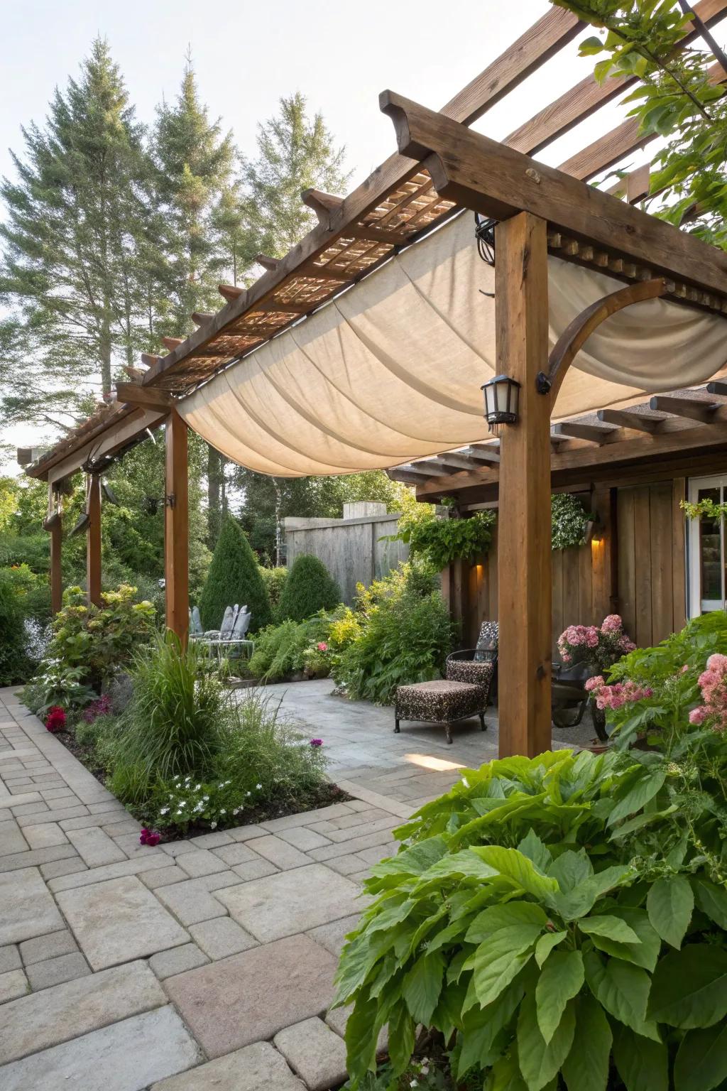 A fabric-covered pergola provides adaptable protection from the rain.
