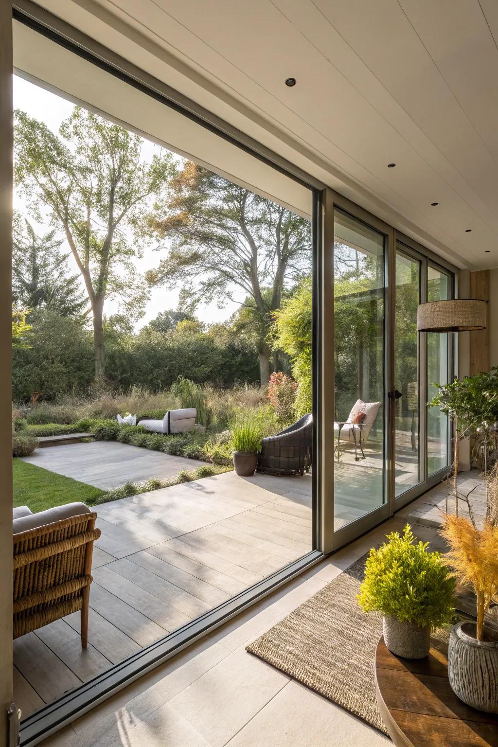 Sliding glass doors offer an unobstructed panorama of your garden sanctuary.