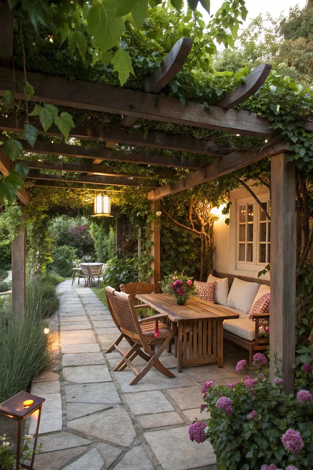 A garden cover adorned with lush greenery creates a peaceful, shaded haven.