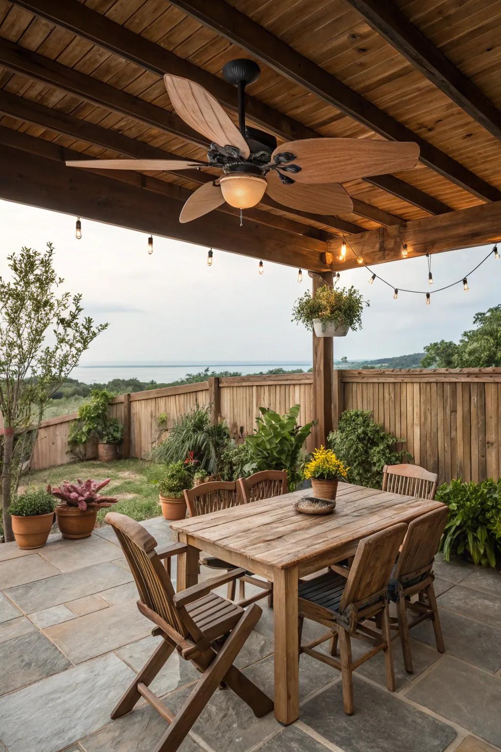 A rustic-themed patio featuring a wooden ceiling fan and inviting furniture.