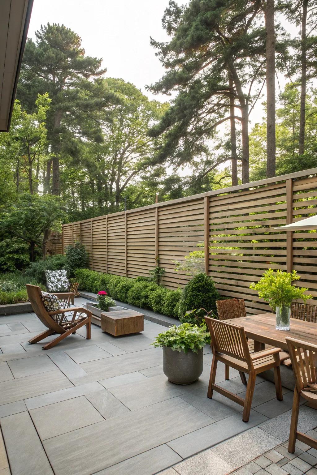 Horizontal wood slats give your patio a modern, airy vibe.
