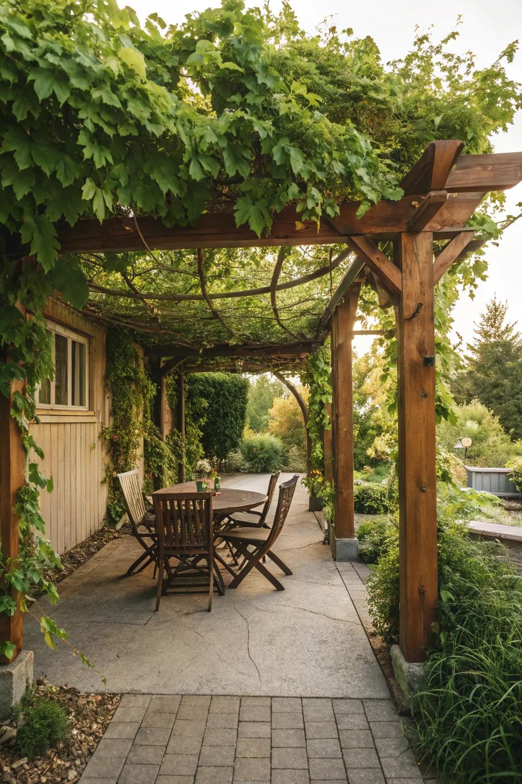 A timber pergola decorated with twining plants introduces a natural element to your patio.
