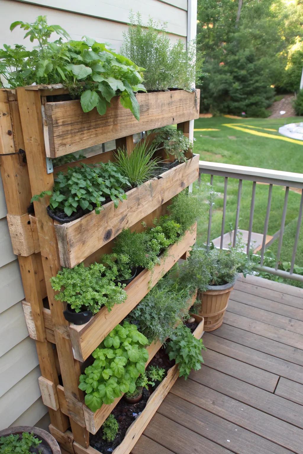 Upright herb sanctuary utilizing repurposed wood platforms.