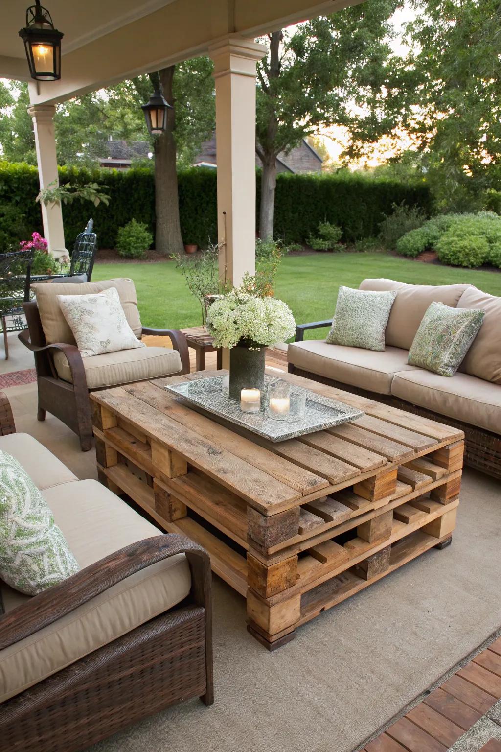 A homemade crate coffee table amidst inviting patio seating.