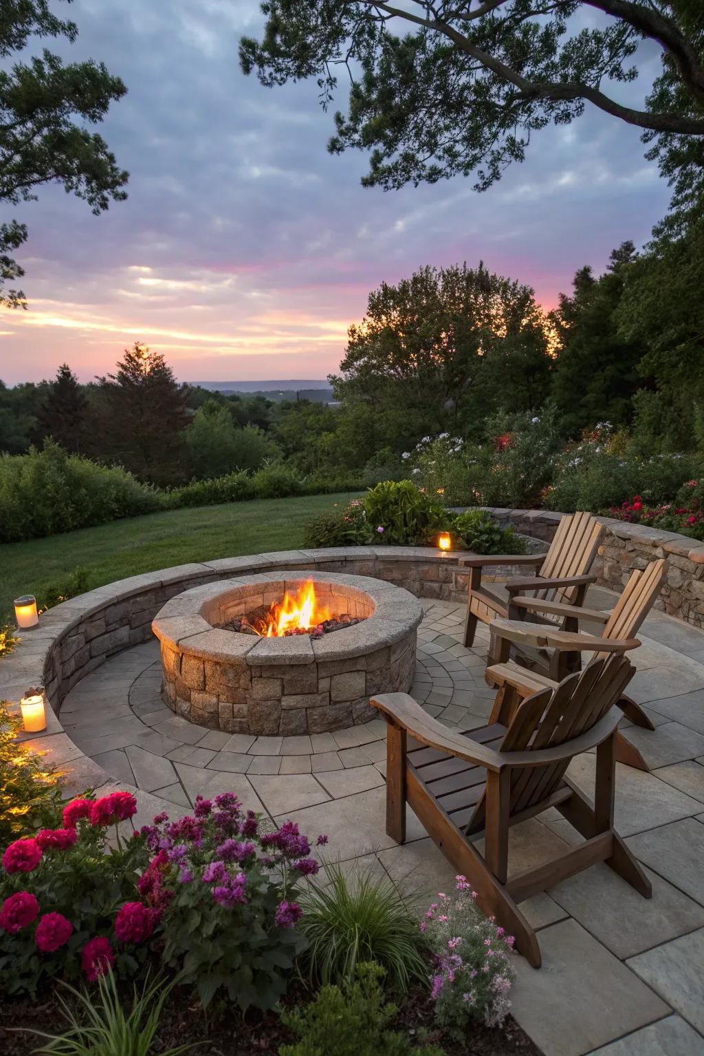 A classic circular stone firepit is just the thing for creating snug get-togethers.