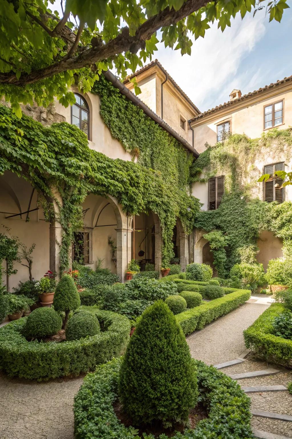An alluring Italian courtyard garden showcasing abundant greenery.