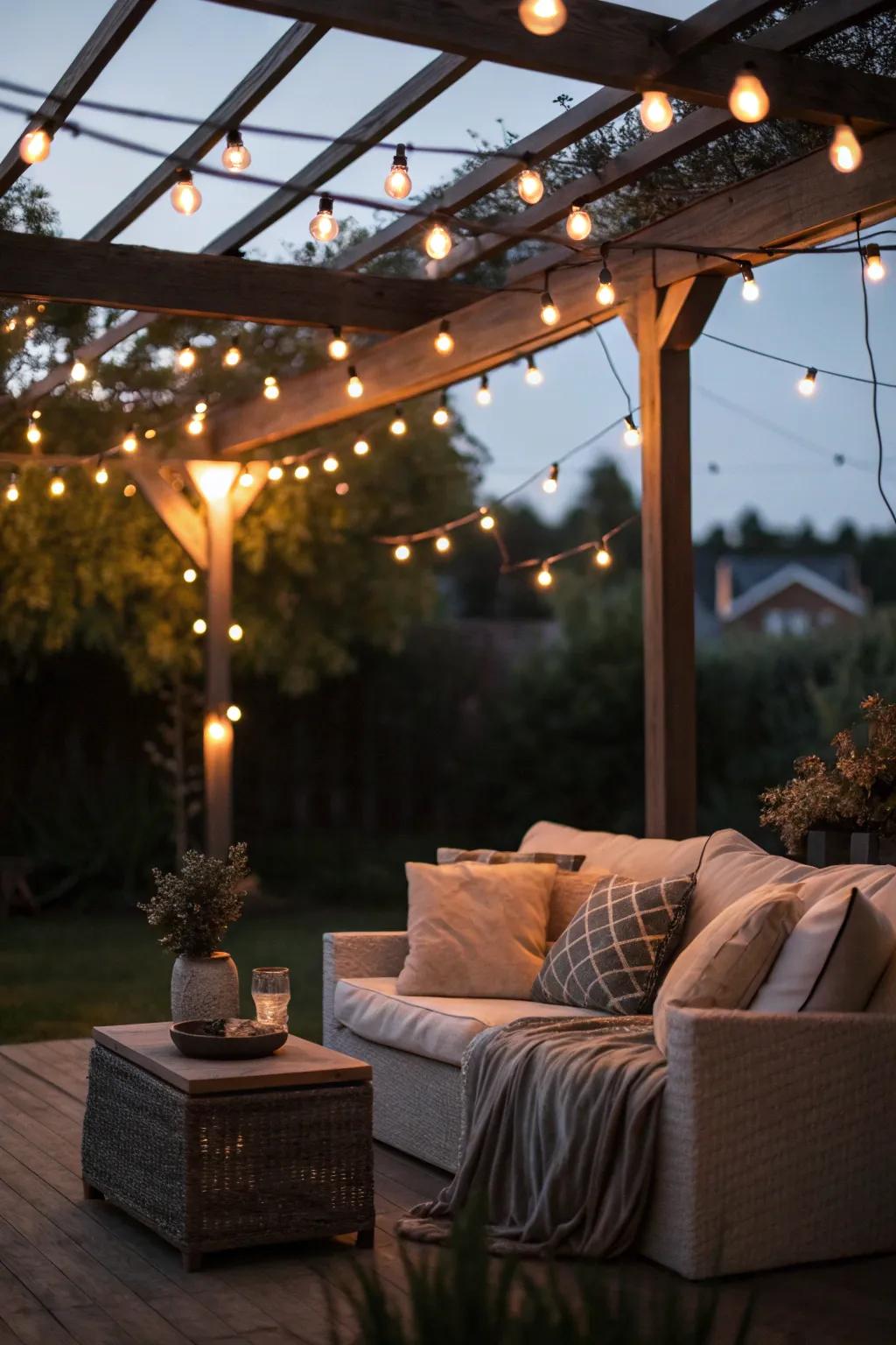 String lights simulate a starry sky over a welcoming patio area.