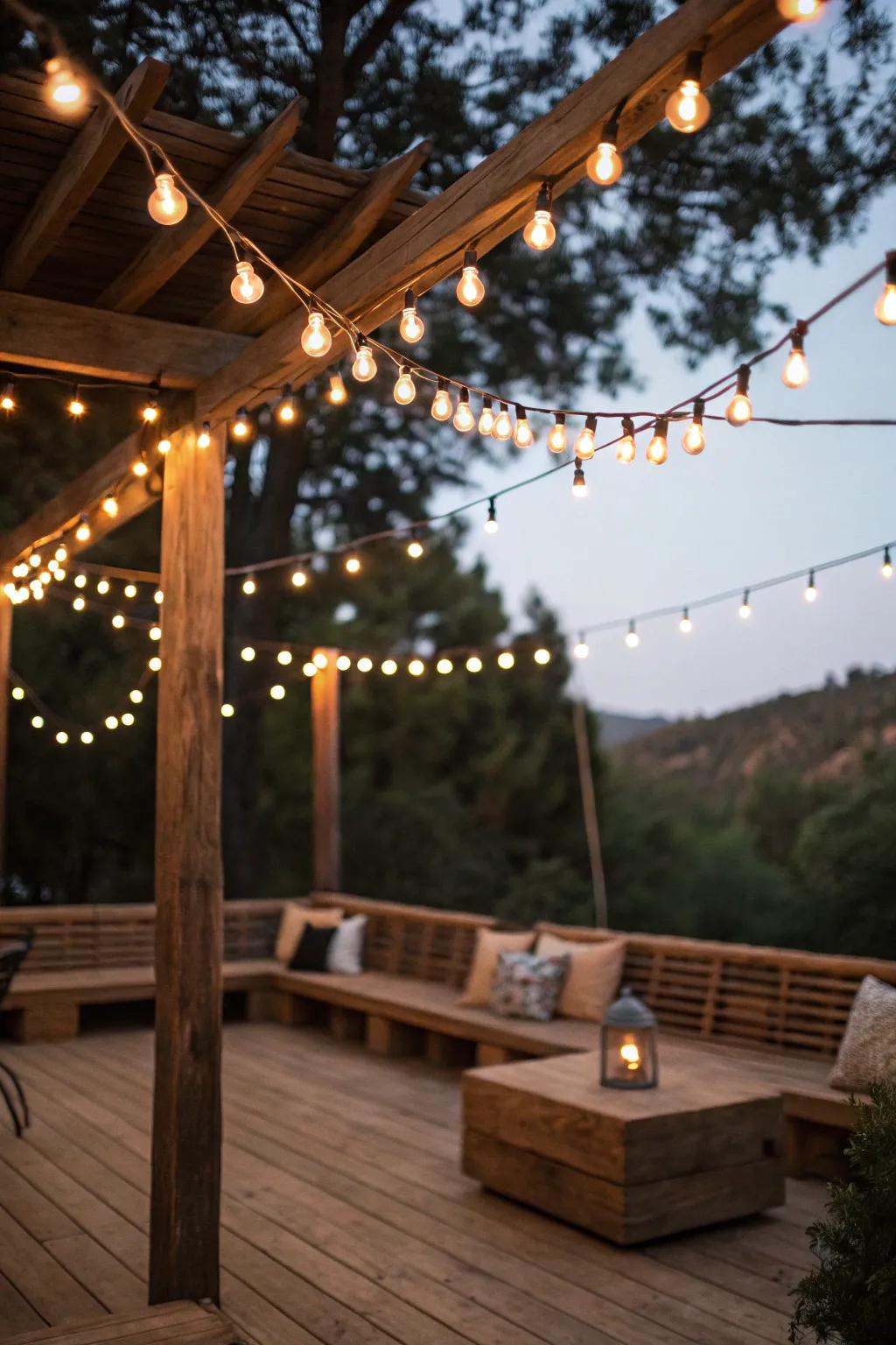 Traditional string lights give off a snug feel for any patio.