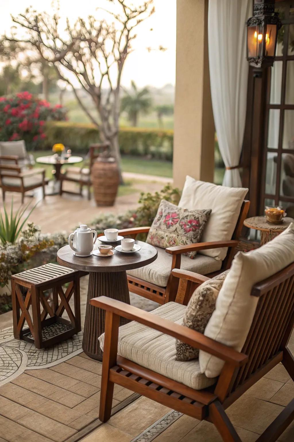 A welcoming patio benefits immensely from a snug seating arrangement enhanced by plush cushions.
