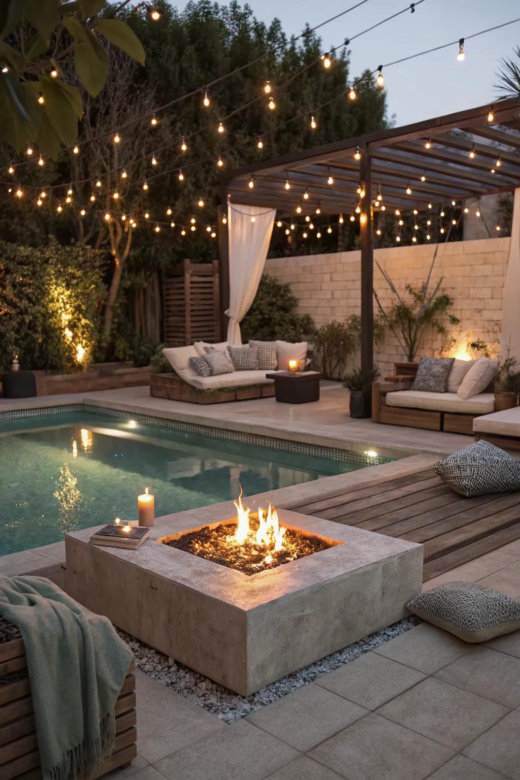 Establish a cozy atmosphere by adding an outdoor fireplace near your pool.