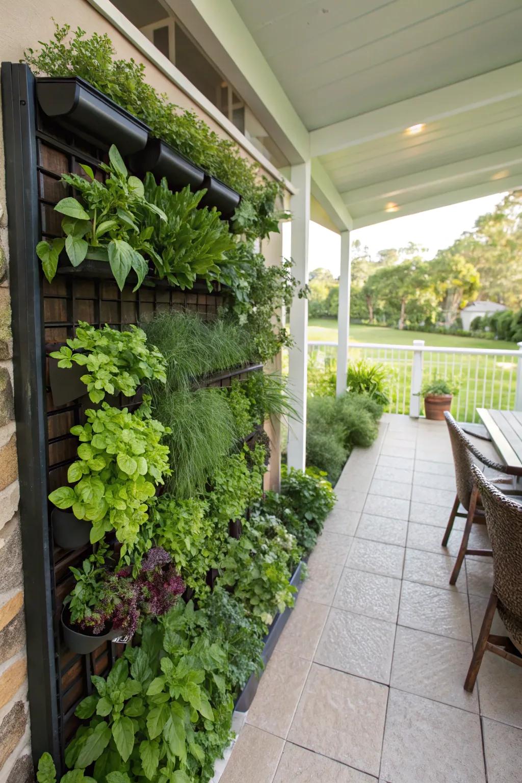 An upright garden wall overflows with vibrant herbs and leafy greens.