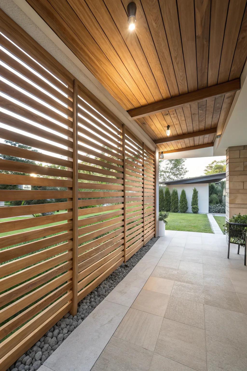 A welcoming patio showcases a rustic wooden accent wall.
