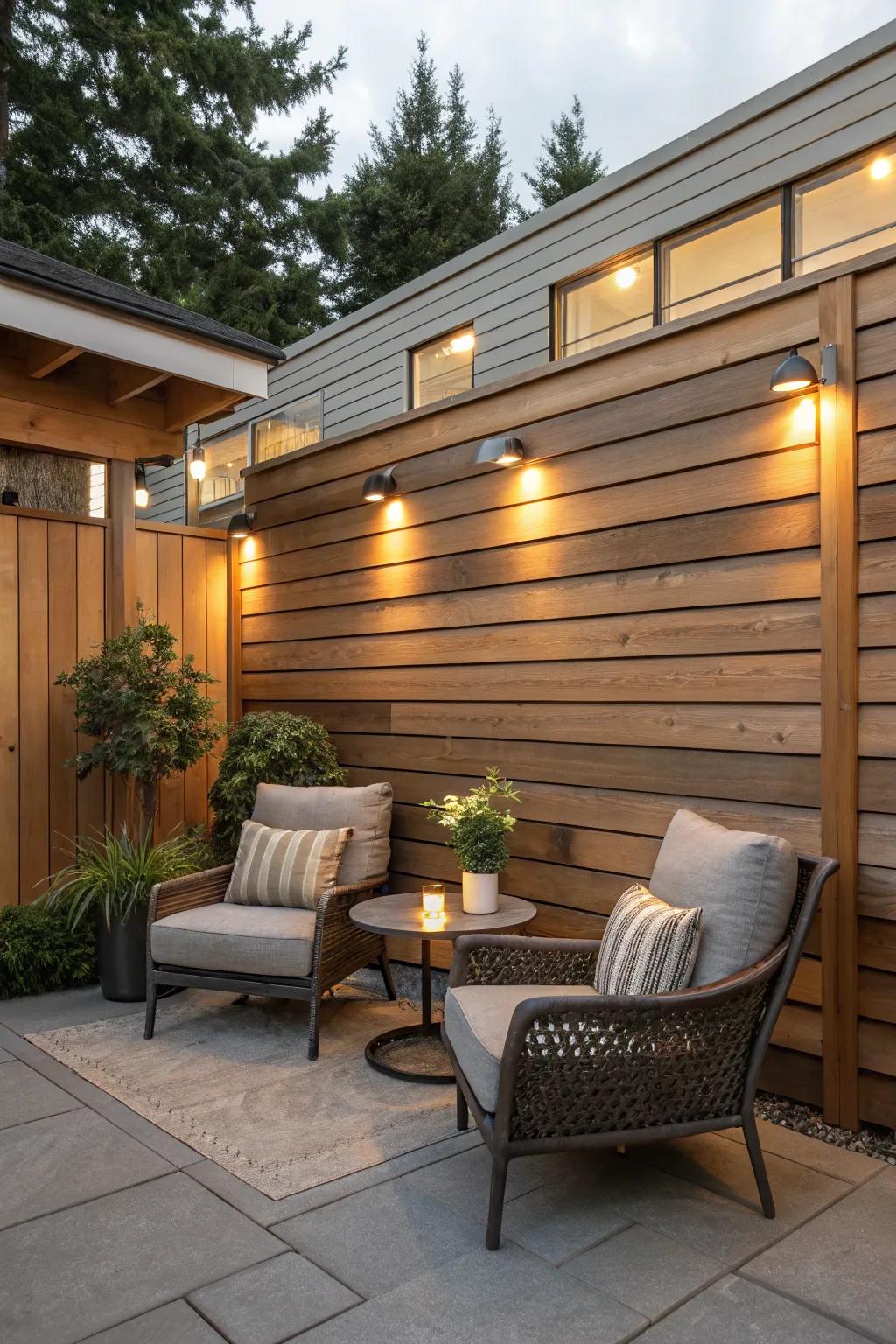 An elegant patio showcasing even horizontal redwood timber strips.