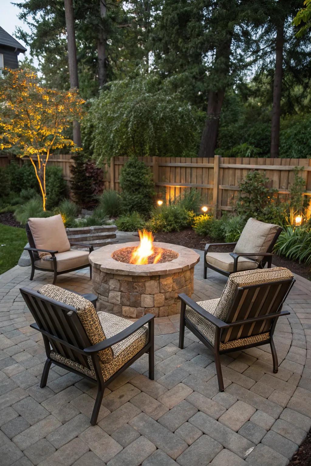 A stone-built blaze center establishes a toasty, social ambience on a paver patio.