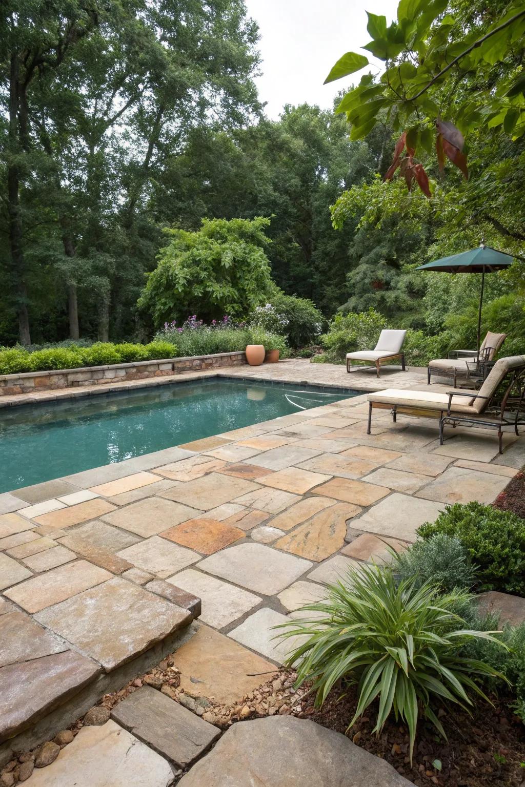 Genuine rock paving radiates enduring charm and natural sophistication around the pool.