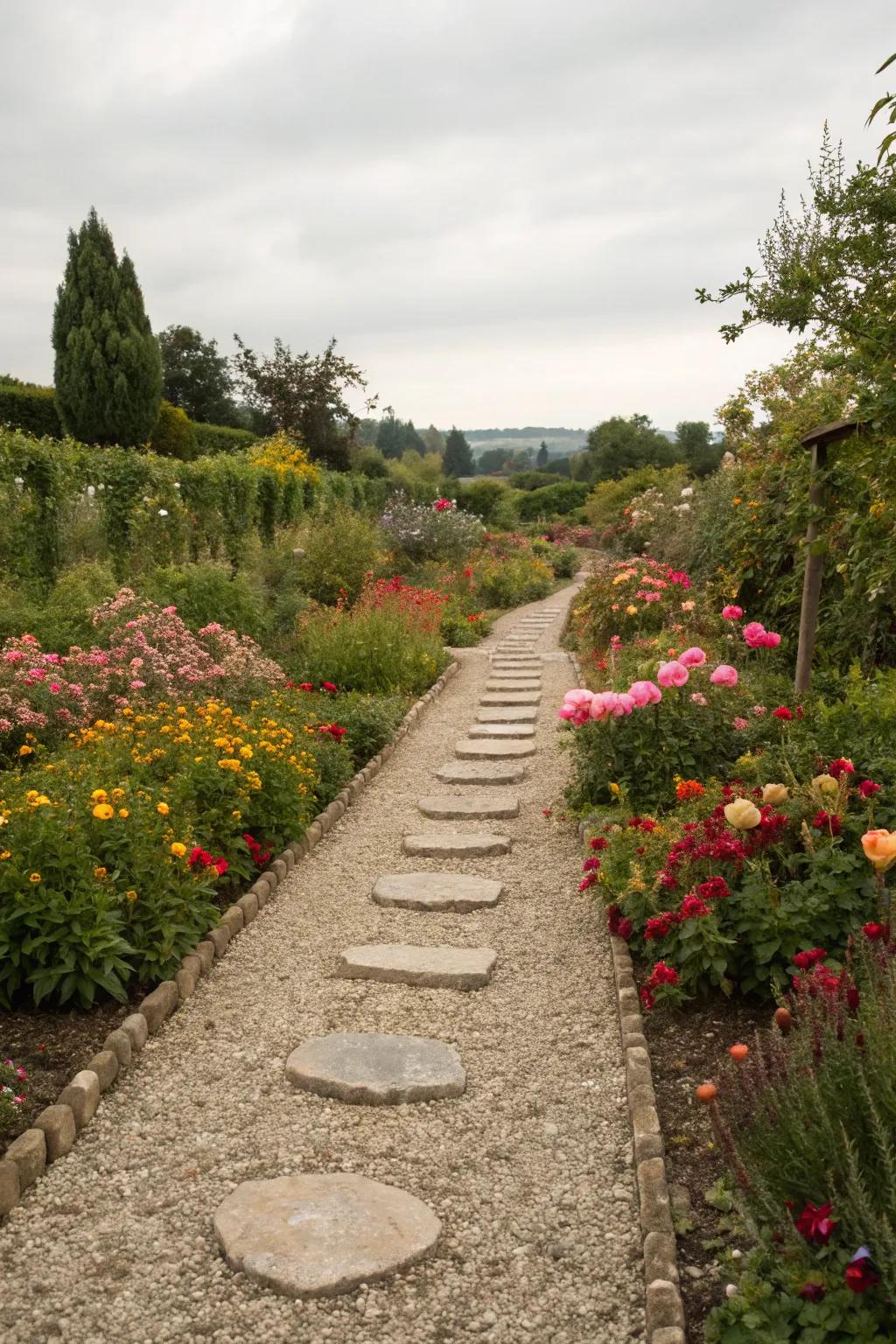 An enchanting garden pathway featuring finely textured gravel and vibrant blooms.