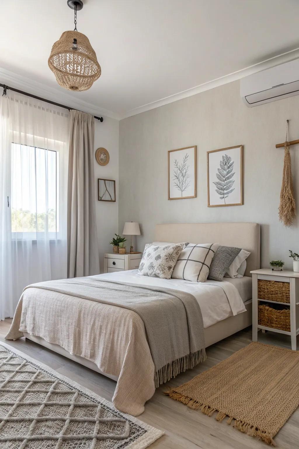 A bedroom filled with soothing colors, delivering a calm and simple design.