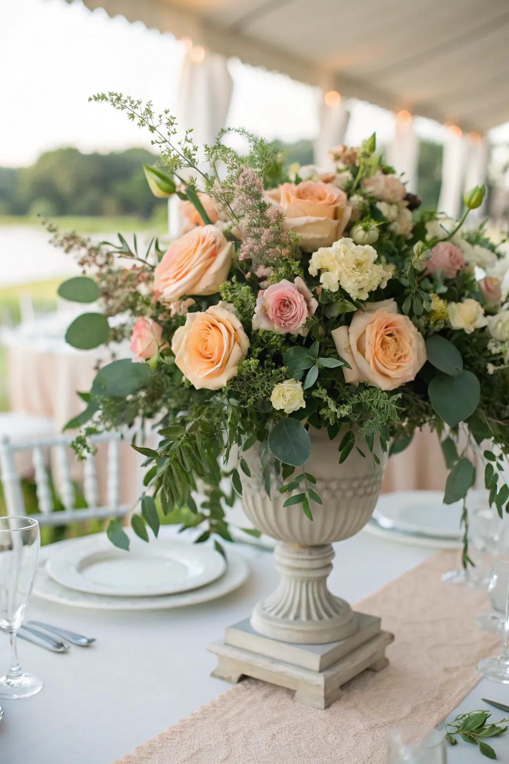 Abundant floral arrangement of peach and green to fascinate your guests.