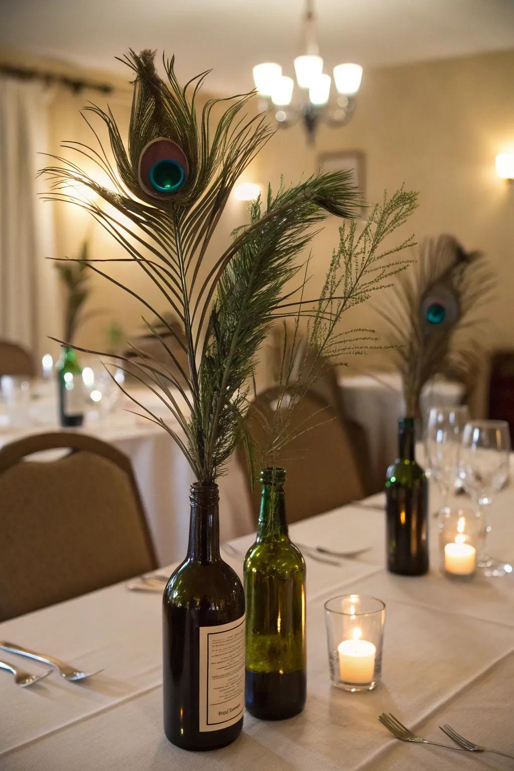 Soda bottles repurposed as stunning vases filled with pheasant plumes.