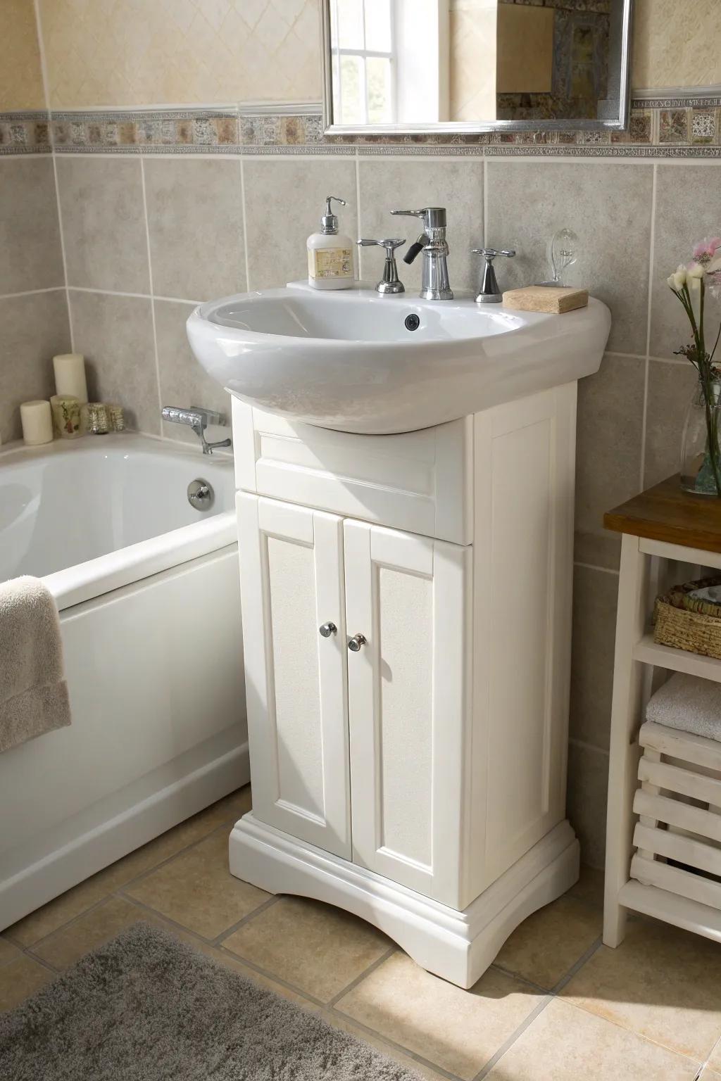 A stylish cabinet under the sink provides discreet storage.