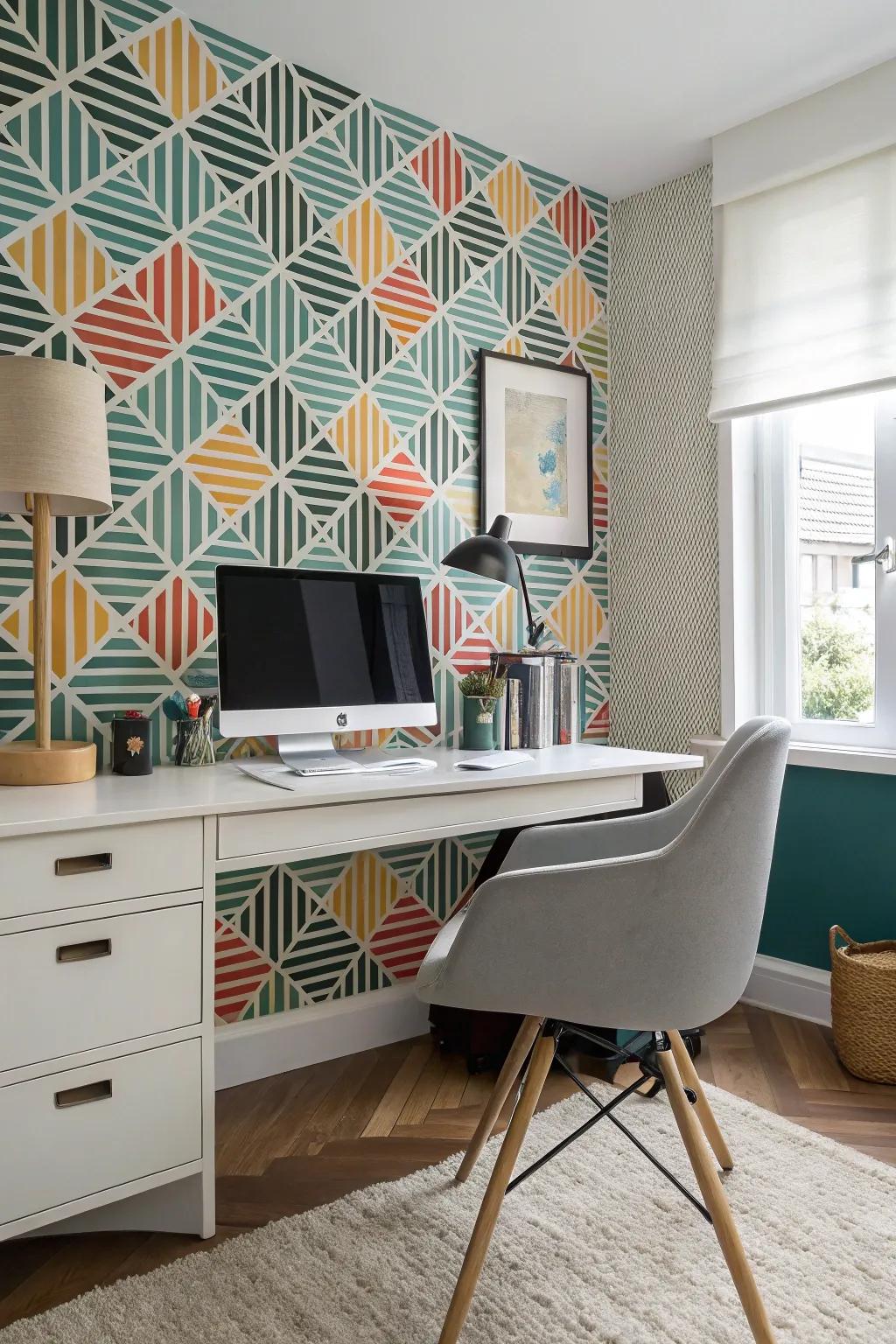 Design a stimulating home office with eye-catching wallpaper patterns.