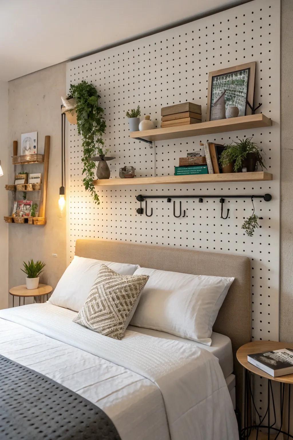 A pegboard headboard: stylish and organized.