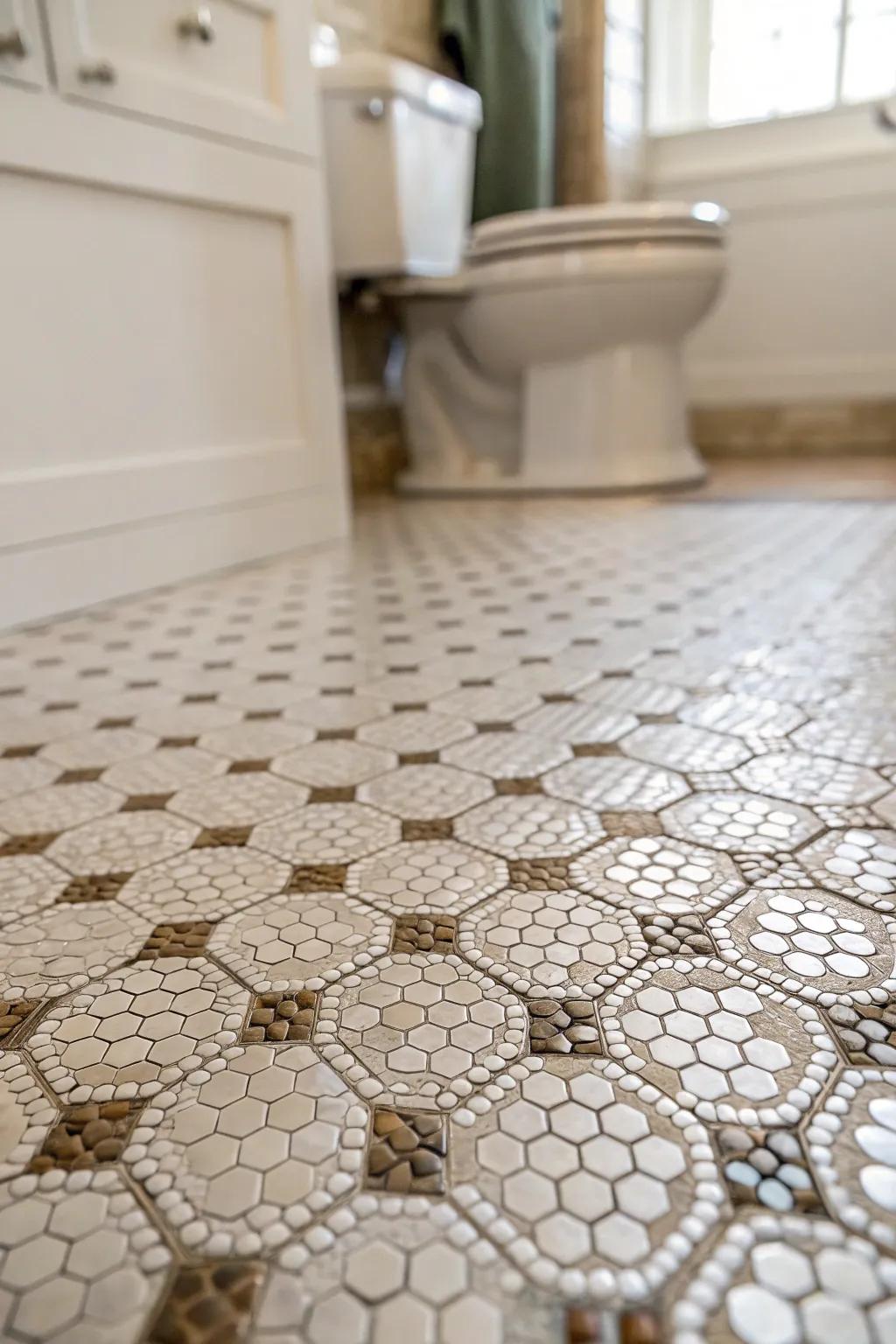Sophisticated geometric designs achieved with penny tiles gracing the bathroom floor.