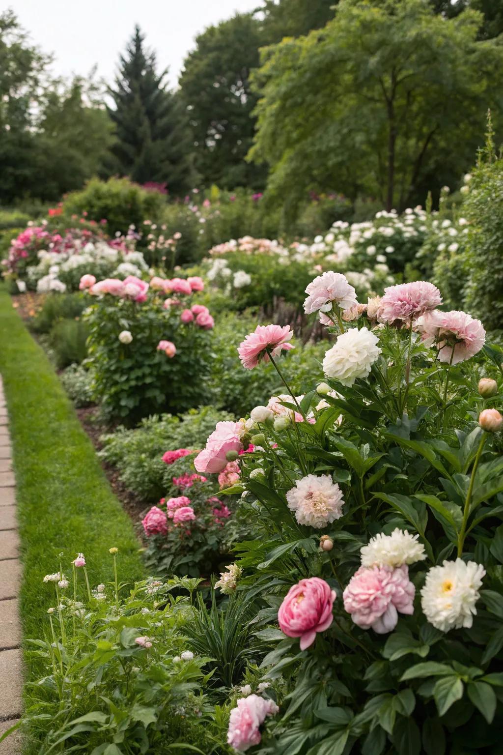 A vibrant mix of peonies crafting a lively garden spectacle.
