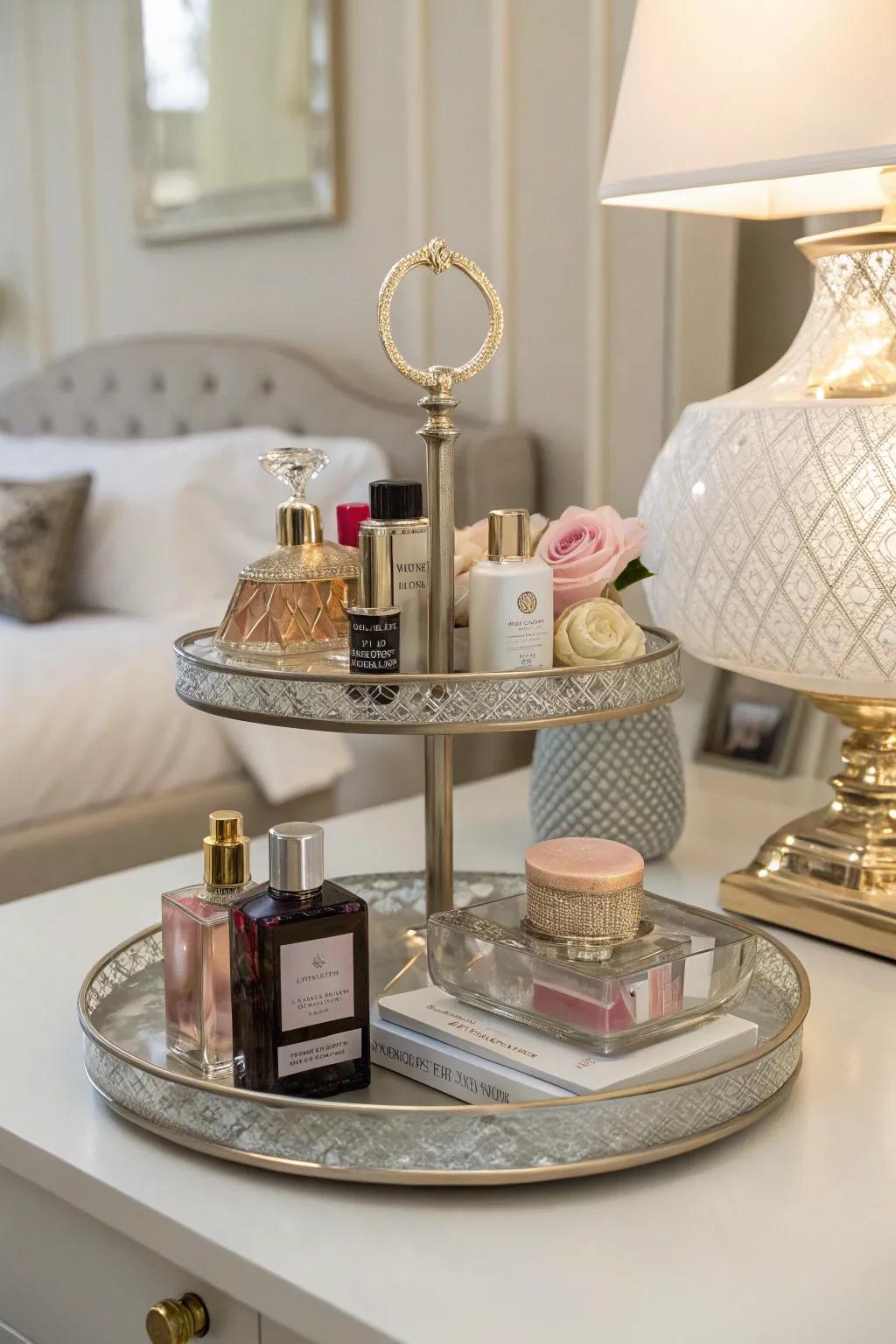A tiered tray showcasing a variety of perfumes, perfect for creating an elegant and space-saving display.