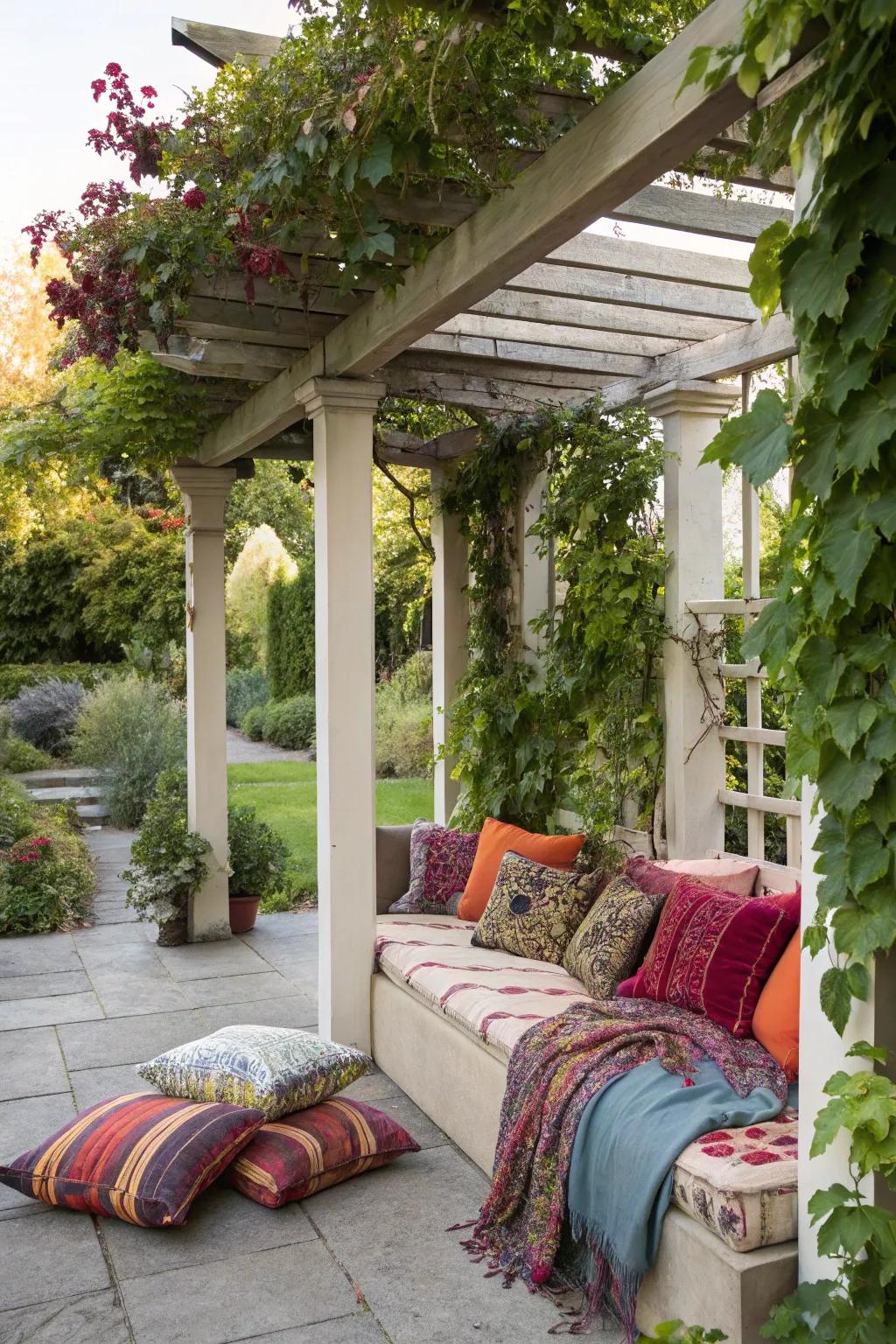 A comfortable seating arrangement under the pergola encourages relaxation and ease.