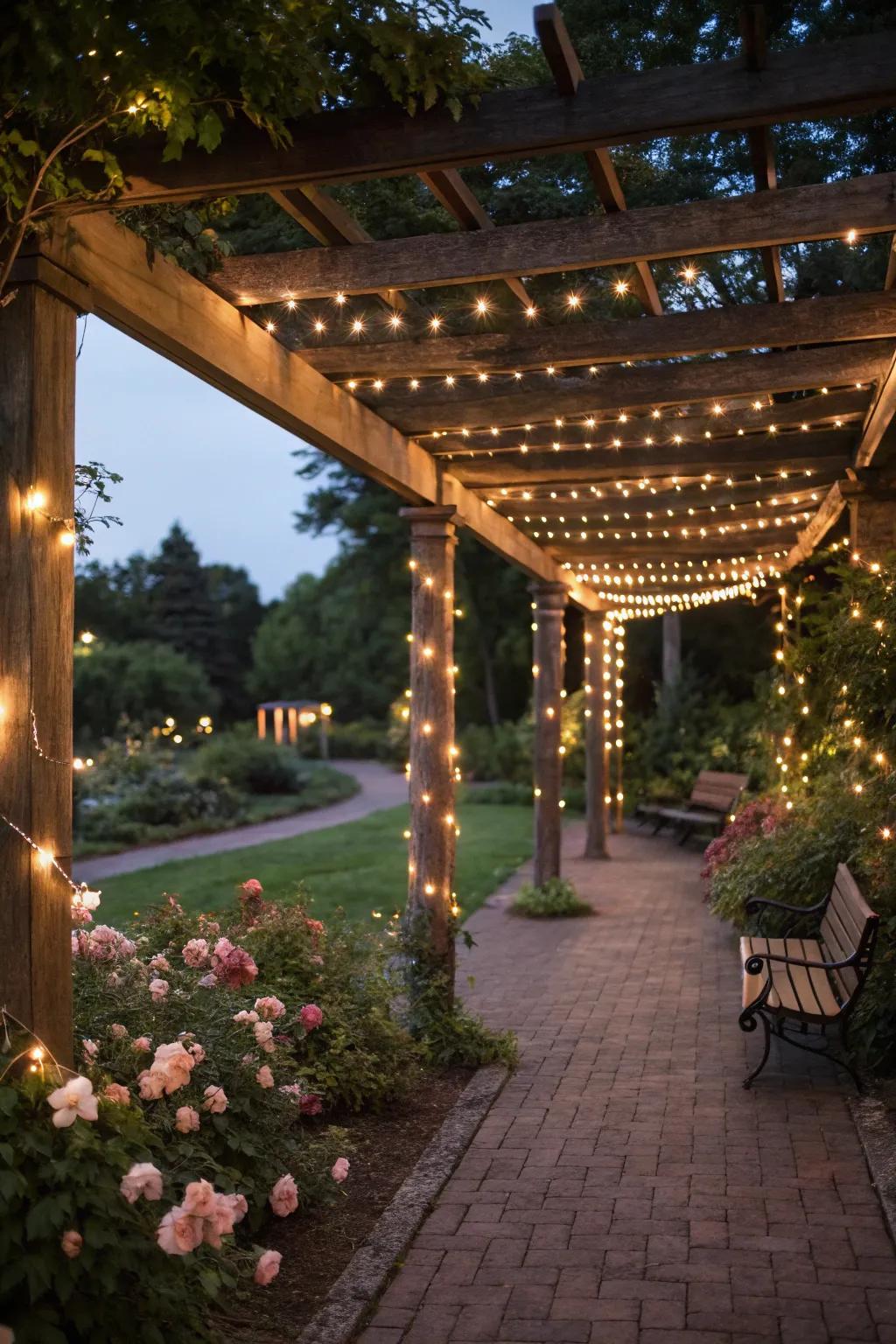 Set a cozy scene by twining decorative strands around your pergola’s supports.