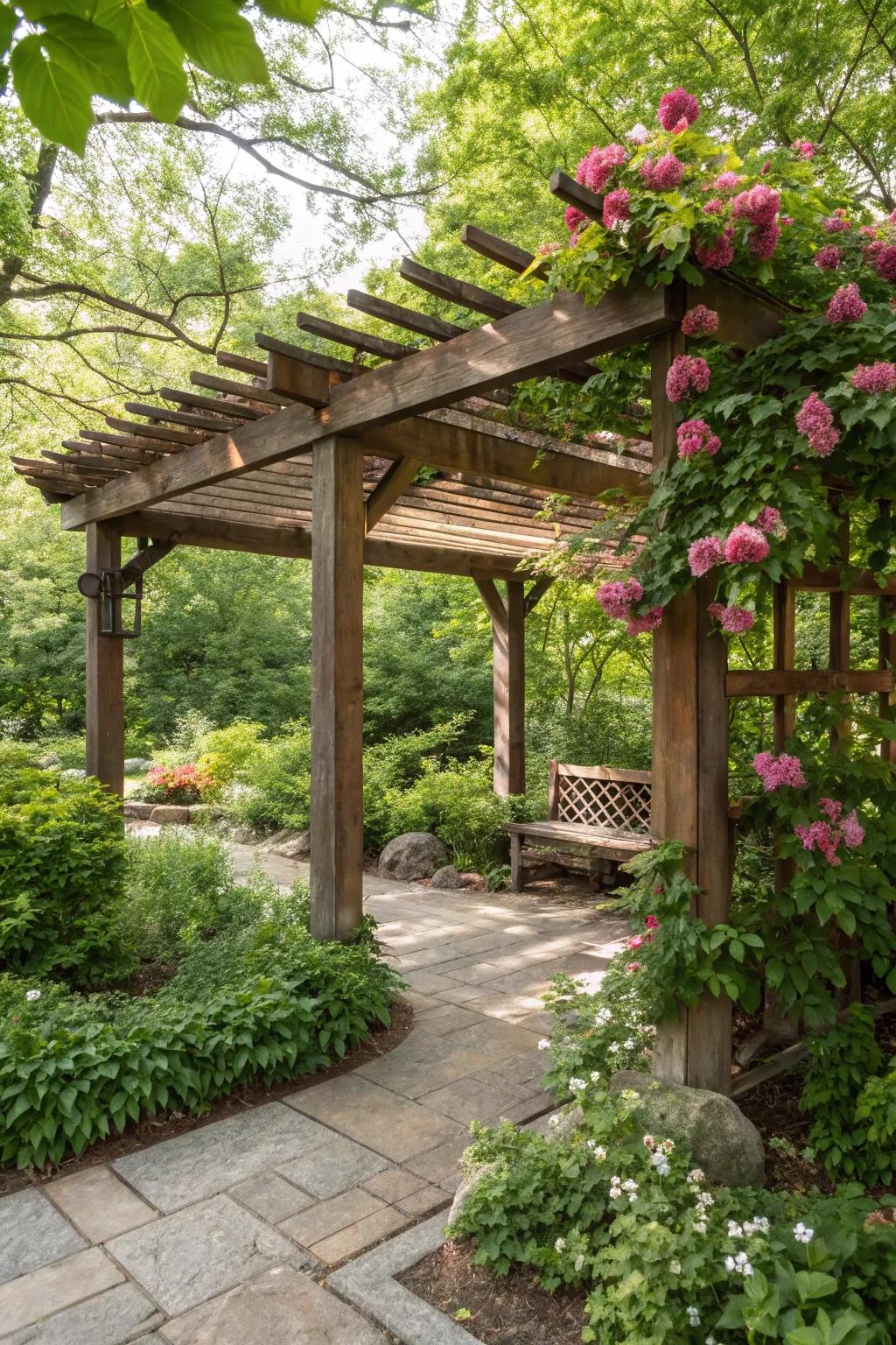 In a verdant garden, a pergola with a solid wood roof provides complete weather protection.