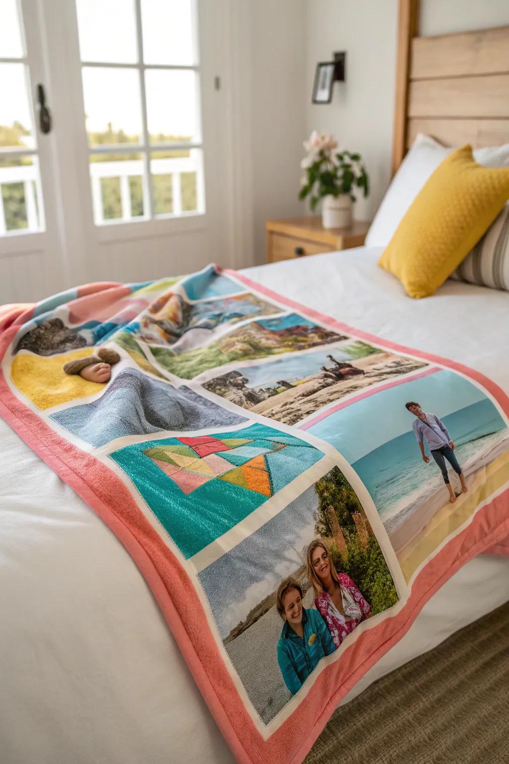 A soft blanket turned into a vibrant collage of photos, filled with cherished family moments.