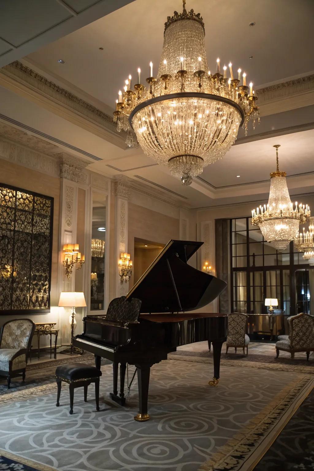 The chandelier adds elegance and sophisticated lighting to the piano room.