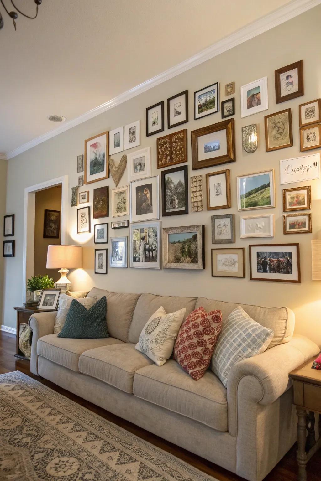 A unique gallery wall featuring a range of artwork and photos.