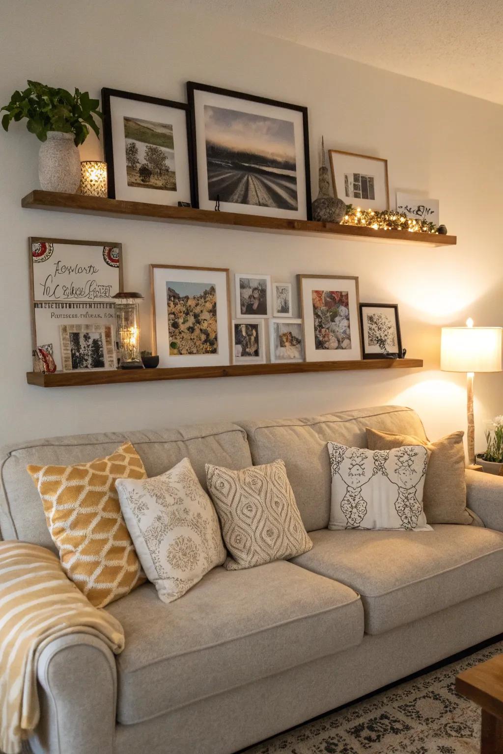 A display ledge above the sofa creates a welcoming central feature.