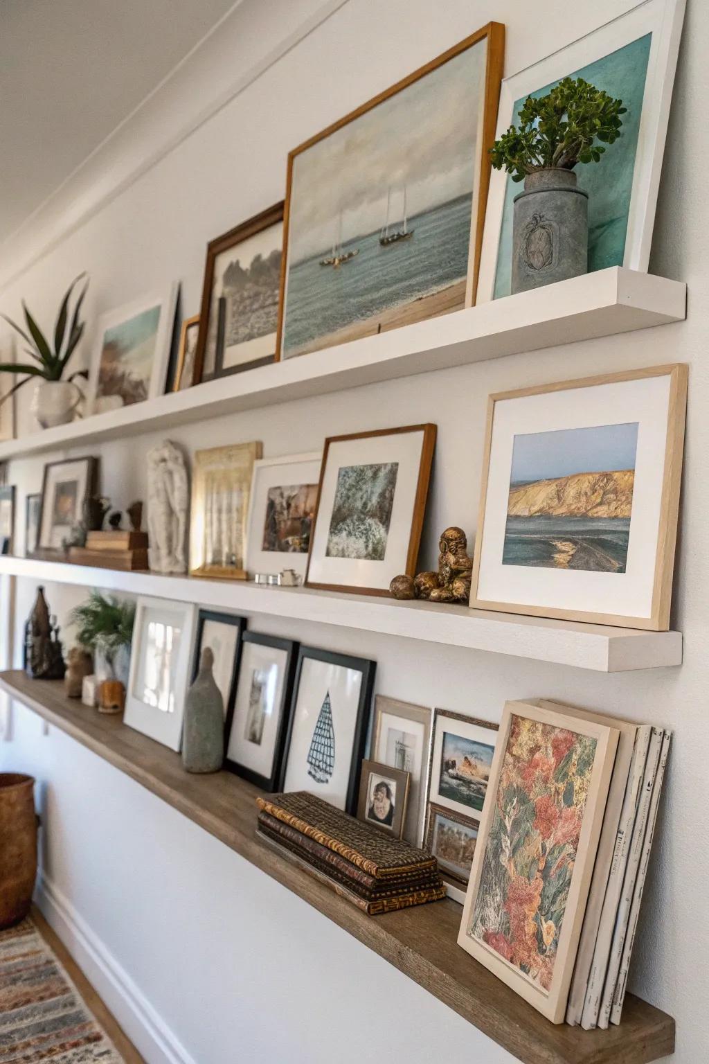 Layer your art pieces to deepen the visual experience of your display shelf.