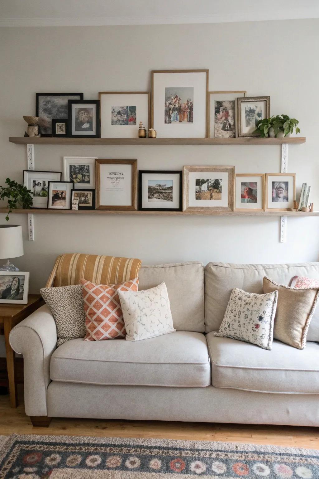Living room picture ledge above a sofa displaying family photos and art.