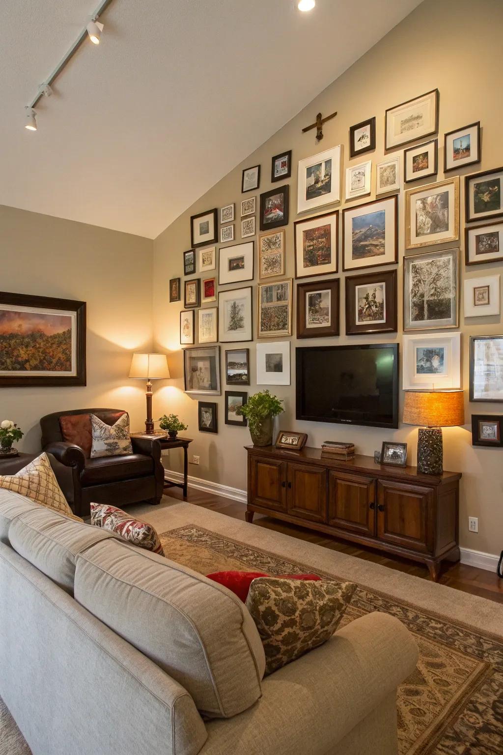 A picture wall in a living room with mixed frame styles.