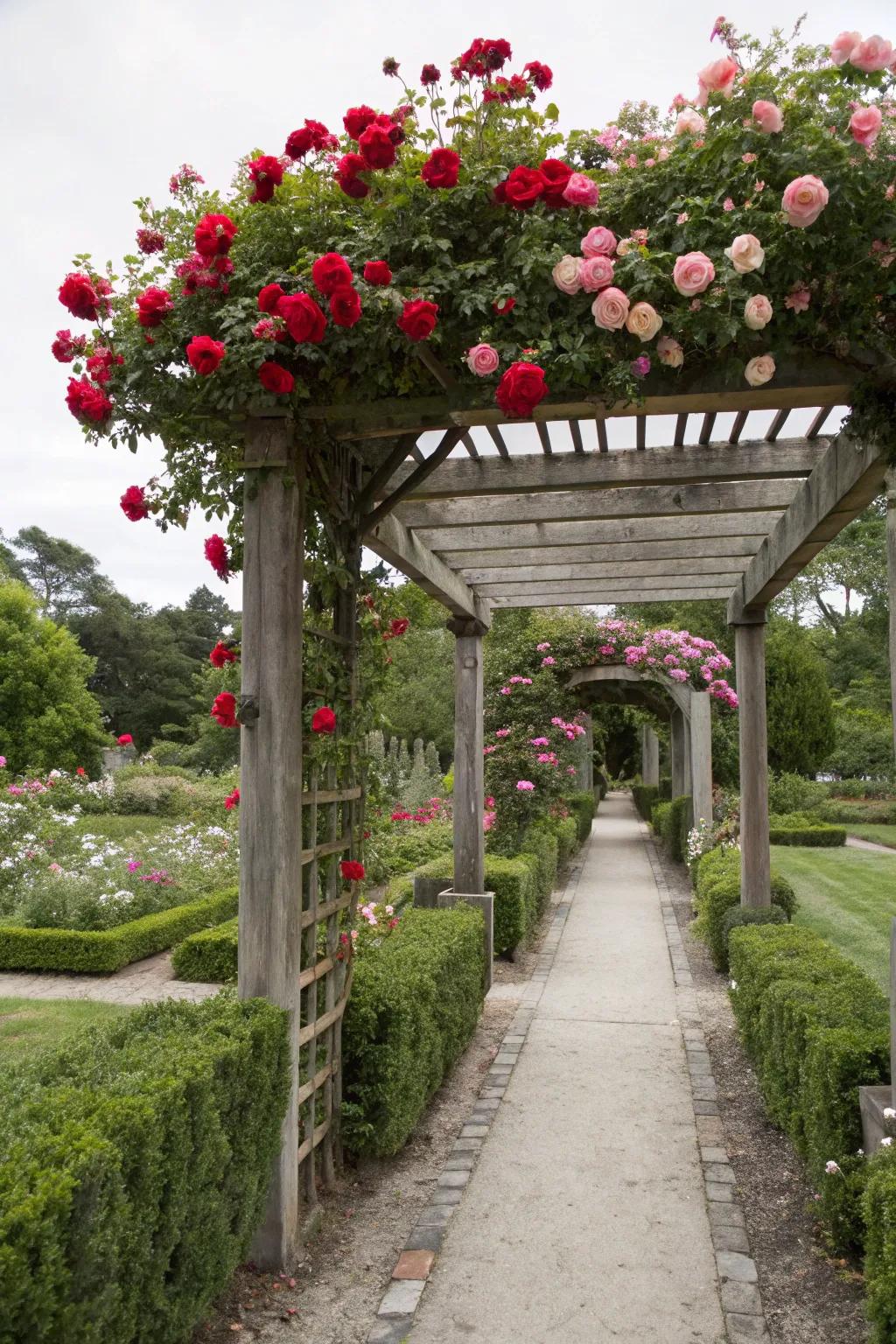 A classic wooden arbor elevates a simple garden path into a dreamy, romantic getaway.