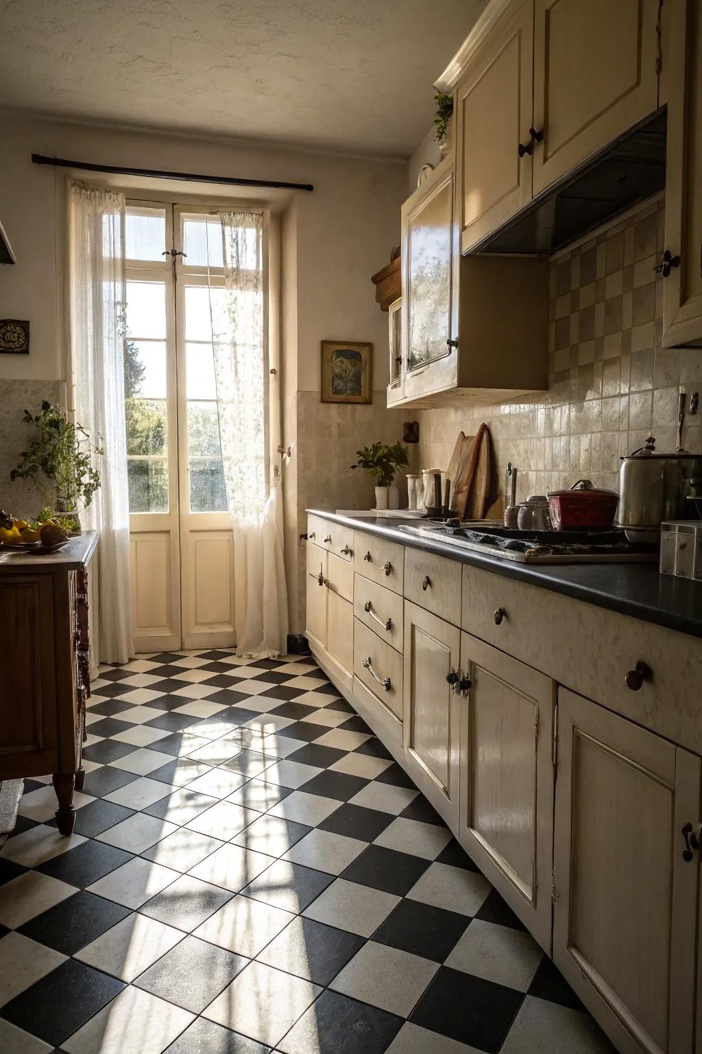 A classic checkerboard floor design brings ageless elegance to this kitchen area.